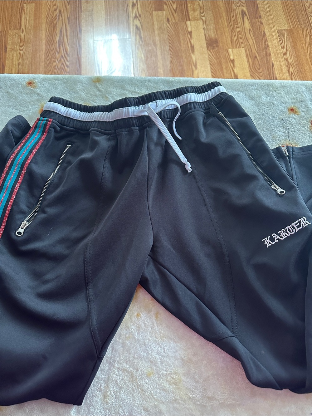 Black Men's Track Pants with Side Stripe and Zip Pockets